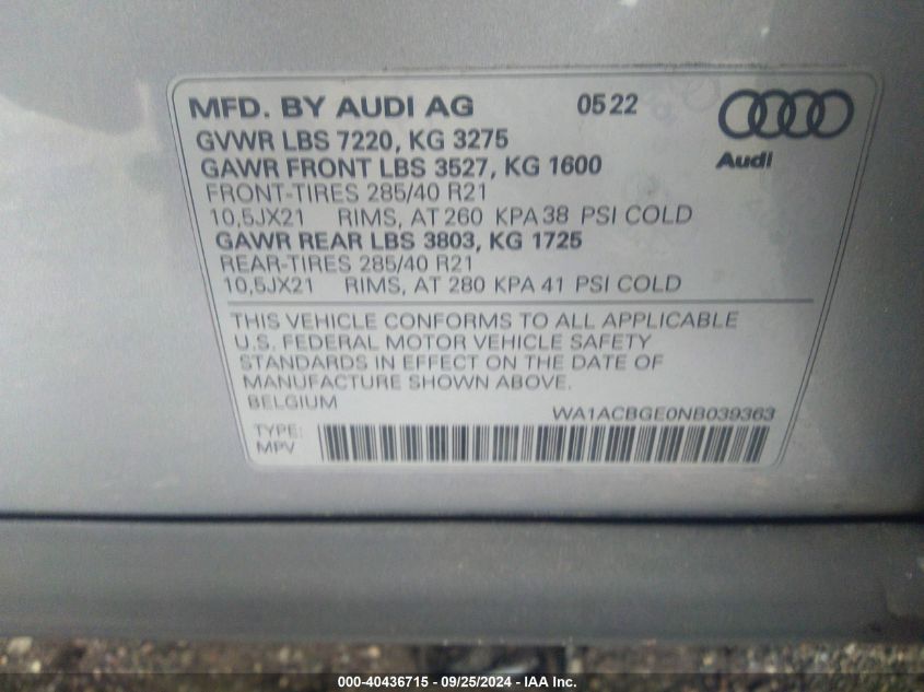 2022 Audi E-Tron S Premium Plus Quattro VIN: WA1ACBGE0NB039363 Lot: 40436715