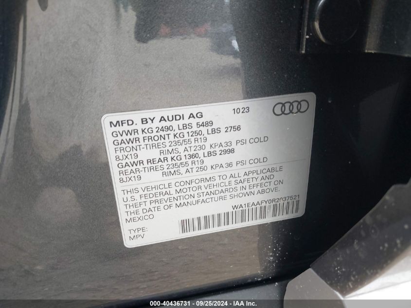 2024 Audi Q5 Premium Plus 45 Tfsi S Line Quattro VIN: WA1EAAFY0R2037521 Lot: 40436731