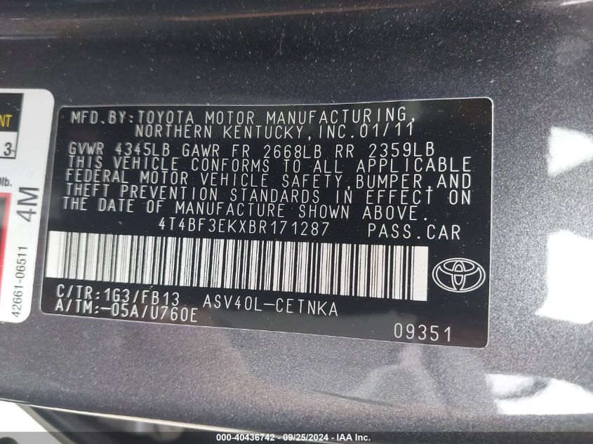 4T4BF3EKXBR171287 2011 Toyota Camry Le