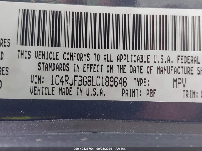 2020 Jeep Grand Cherokee Limited 4X4 VIN: 1C4RJFBG8LC189646 Lot: 40436764