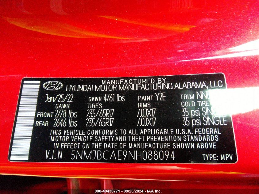 5NMJBCAE9NH088094 2022 Hyundai Tucson Sel