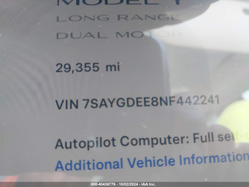 2022 Tesla Model Y Long Range Dual Motor All-Wheel Drive VIN: 7SAYGDEE8NF442241 Lot: 40436776