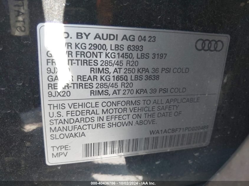 2023 Audi Q7 Premium 45 Tfsi Quattro Tiptronic VIN: WA1ACBF71PD020489 Lot: 40436786