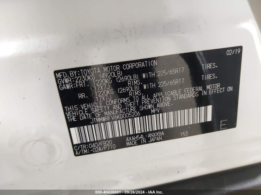 2019 TOYOTA RAV4 HYBRID LE - JTMMWRFV6KD005206