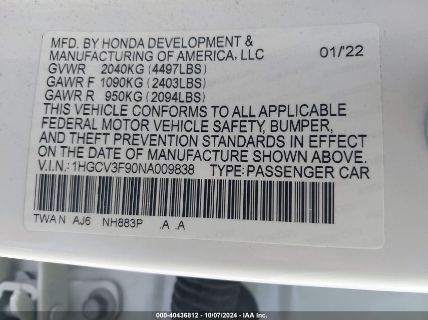 1HGCV3F90NA009838 2022 Honda Accord Hybrid Touring