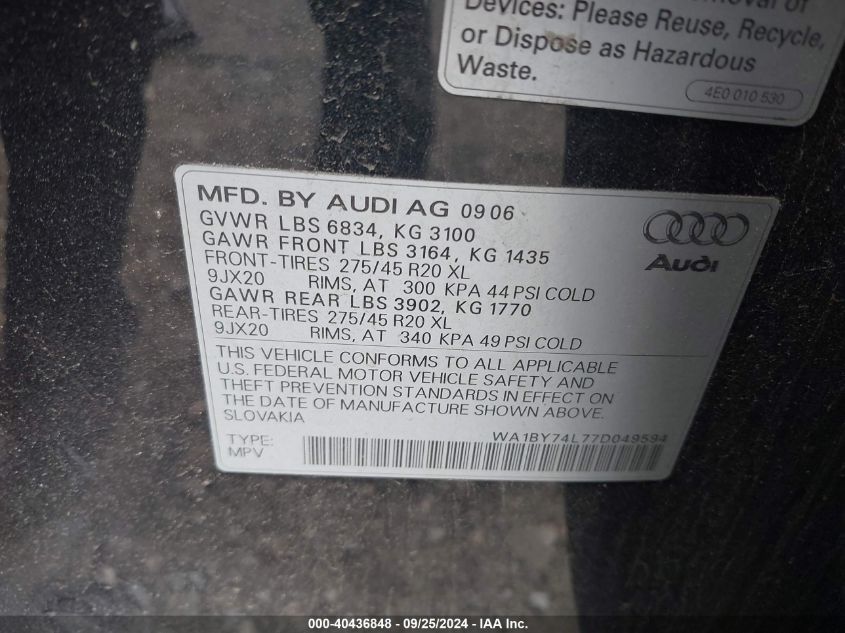 2007 Audi Q7 3.6 Premium VIN: WA1BY74L77D049594 Lot: 40436848