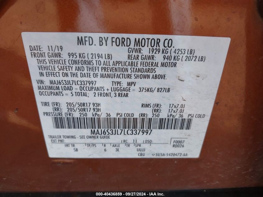 2020 Ford Ecosport Ses VIN: MAJ6S3JL7LC337997 Lot: 40436859