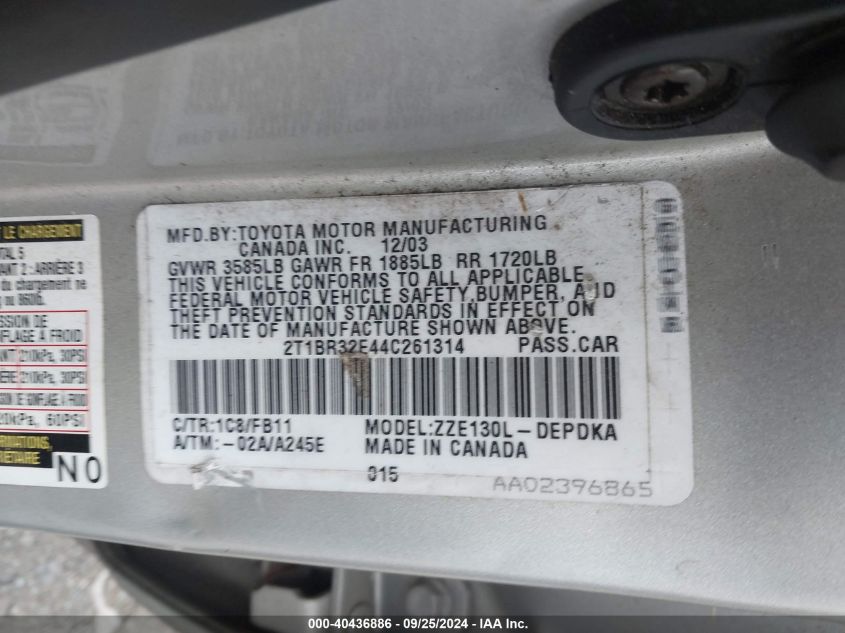 2004 Toyota Corolla Ce VIN: 2T1BR32E44C261314 Lot: 40436886