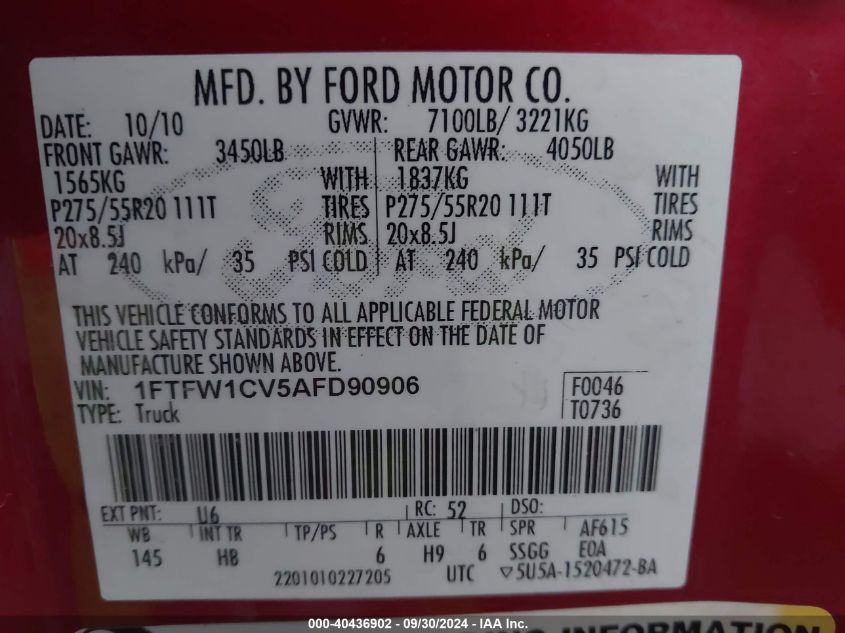 2010 Ford F150 Supercrew VIN: 1FTFW1CV5AFD90906 Lot: 40436902