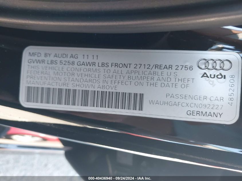 2012 Audi A6 3.0 Premium VIN: WAUHGAFCXCN092227 Lot: 40436940