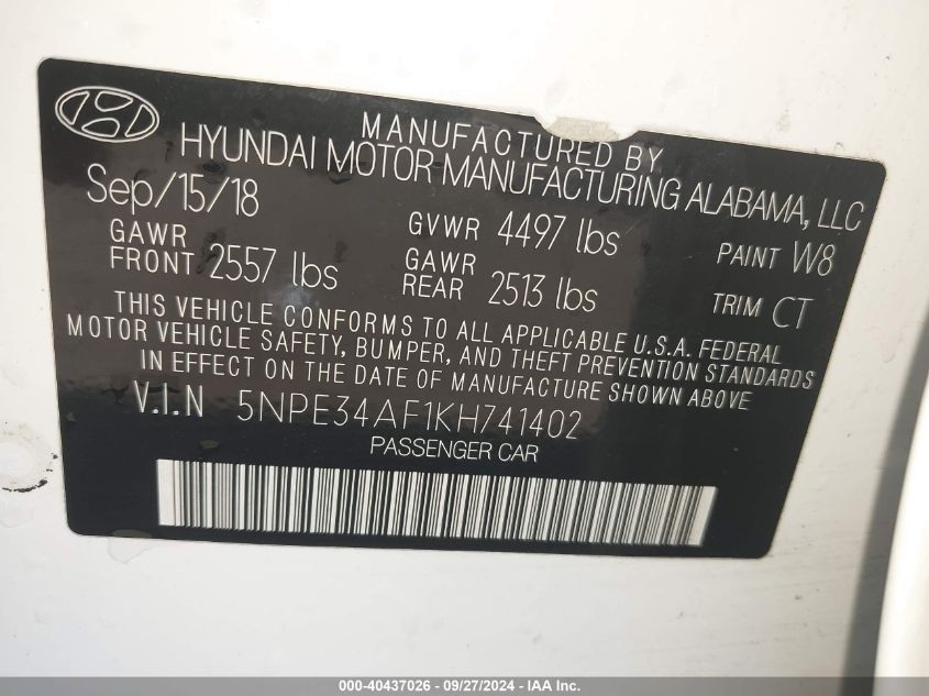 5NPE34AF1KH741402 2019 Hyundai Sonata Sel