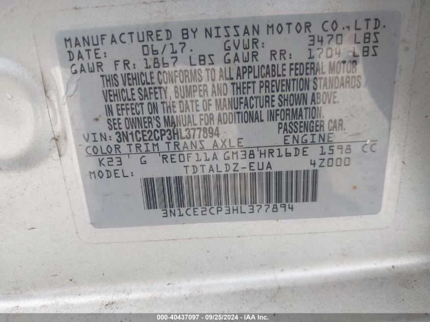 3N1CE2CP3HL377894 2017 Nissan Versa Note Sv