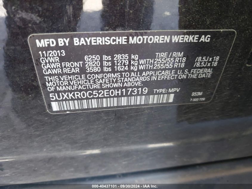 2014 BMW X5 xDrive35I VIN: 5UXKR0C52E0H17319 Lot: 40437101