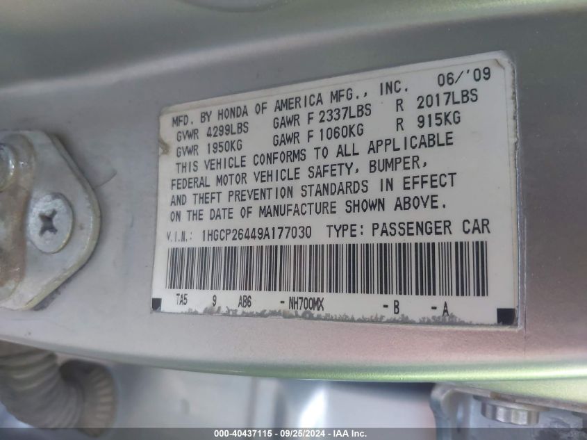 1HGCP26449A177030 2009 Honda Accord 2.4 Lx-P