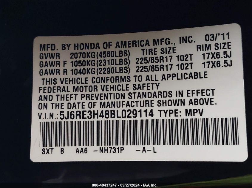 2011 Honda Cr-V Se VIN: 5J6RE3H48BL029114 Lot: 40437247