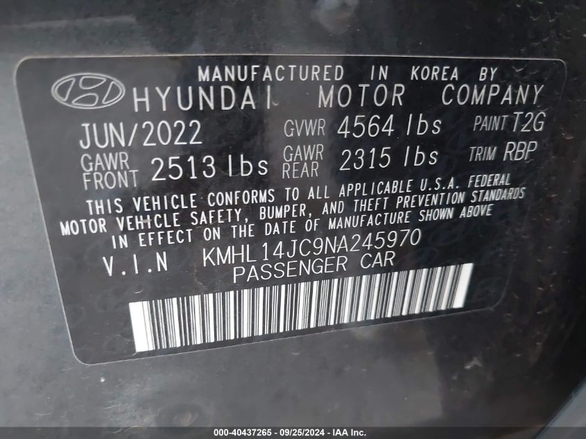 2022 Hyundai Sonata N Line VIN: KMHL14JC9NA245970 Lot: 40437265