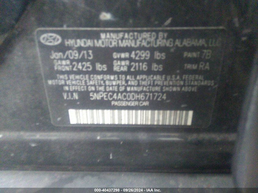 5NPEC4AC0DH671724 2013 Hyundai Sonata Se/Limited