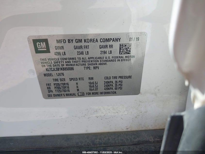 2019 Chevrolet Trax Lt VIN: KL7CJLSB1KB850086 Lot: 40437302