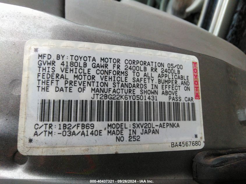 2000 Toyota Camry Ce/Le/Xle VIN: JT2BG22K6Y0501431 Lot: 40437321