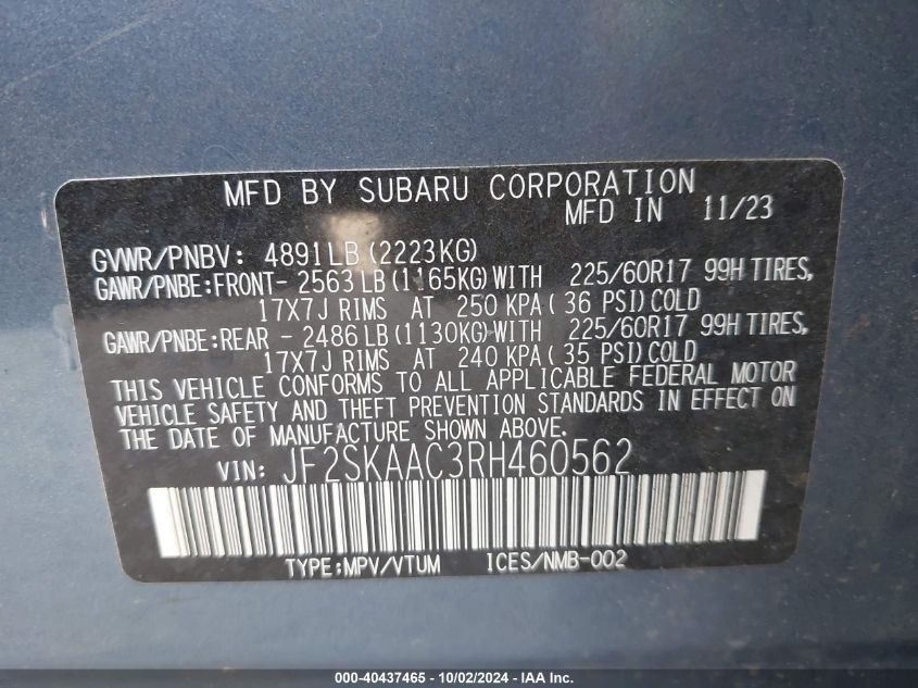 2024 Subaru Forester VIN: JF2SKAAC3RH460562 Lot: 40437465