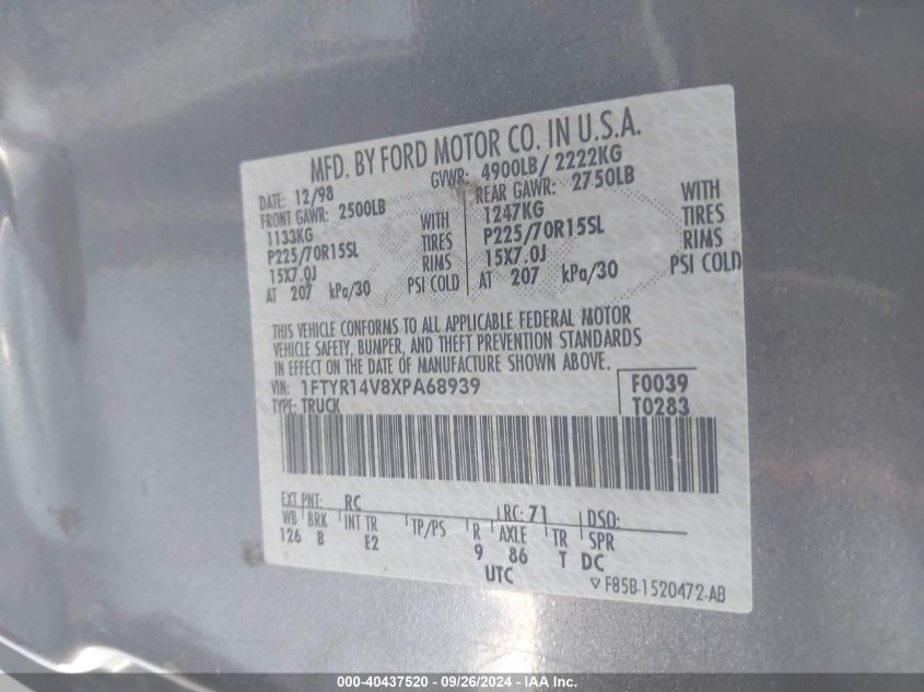 1FTYR14V8XPA68939 1999 Ford Ranger Super Cab