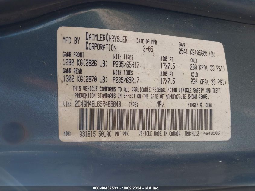 2005 Chrysler Pacifica VIN: 2C4GM48L65R489848 Lot: 40437533