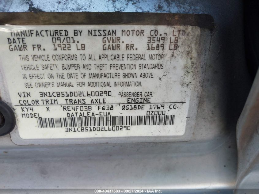 2002 Nissan Sentra Gxe VIN: 3N1CB51D02L600290 Lot: 40437583