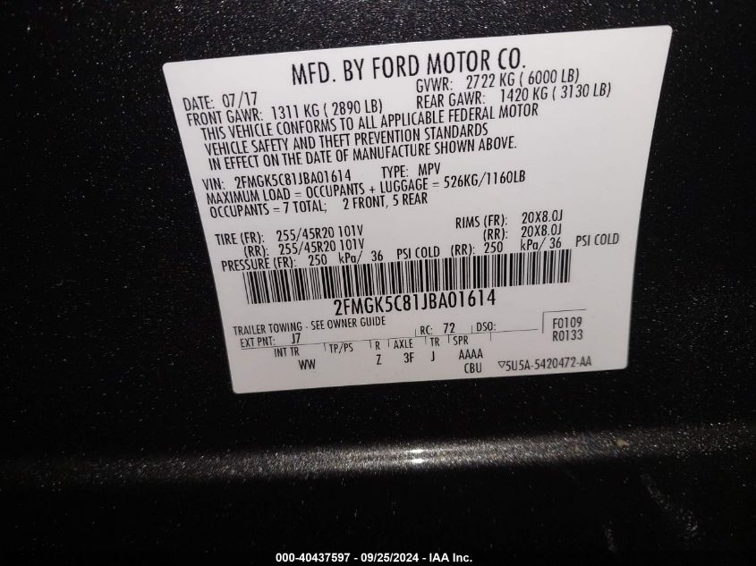 2FMGK5C81JBA01614 2018 Ford Flex Sel