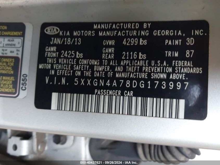 5XXGN4A78DG173997 2013 Kia Optima Ex