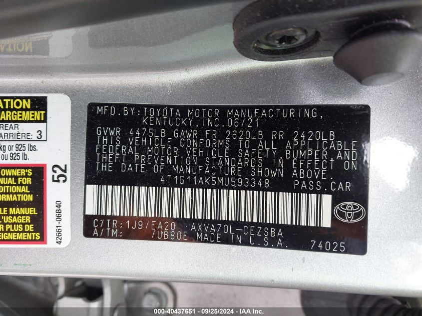 4T1G11AK5MU593348 2021 Toyota Camry Se