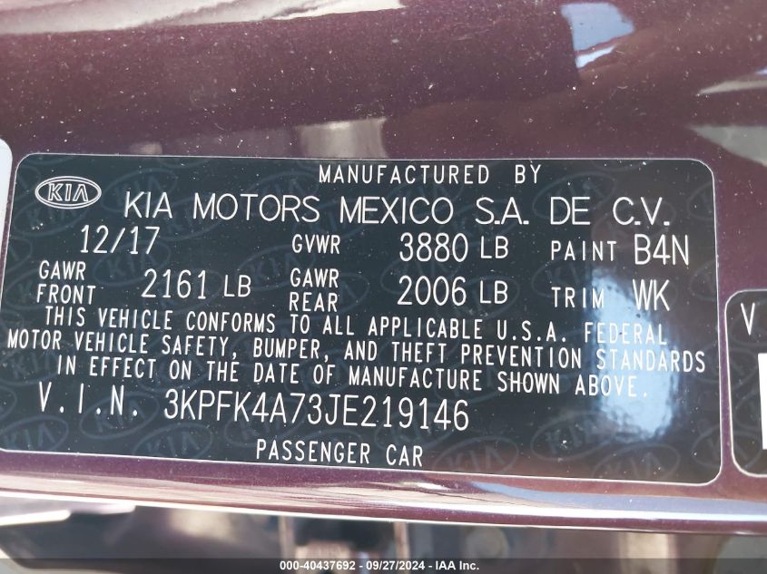 3KPFK4A73JE219146 2018 Kia Forte Lx