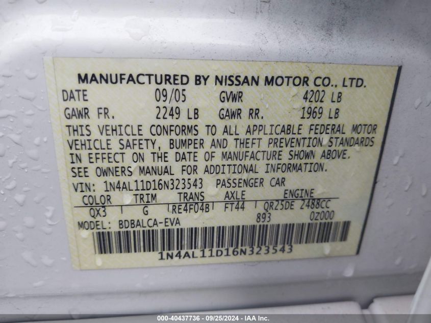 1N4AL11D16N323543 2006 Nissan Altima 2.5 S