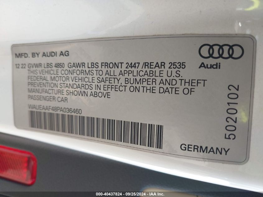 2023 Audi A4 Premium Plus 45 Tfsi S Line Quattro S Tronic VIN: WAUEAAF48PA036460 Lot: 40437824