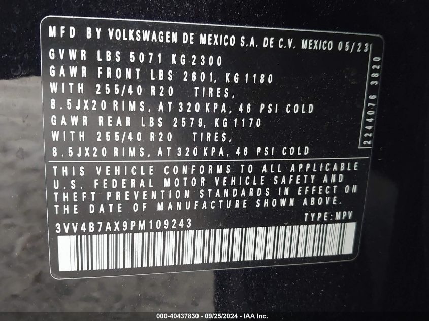 2023 Volkswagen Tiguan 2.0T Sel R-Line VIN: 3VV4B7AX9PM109243 Lot: 40437830