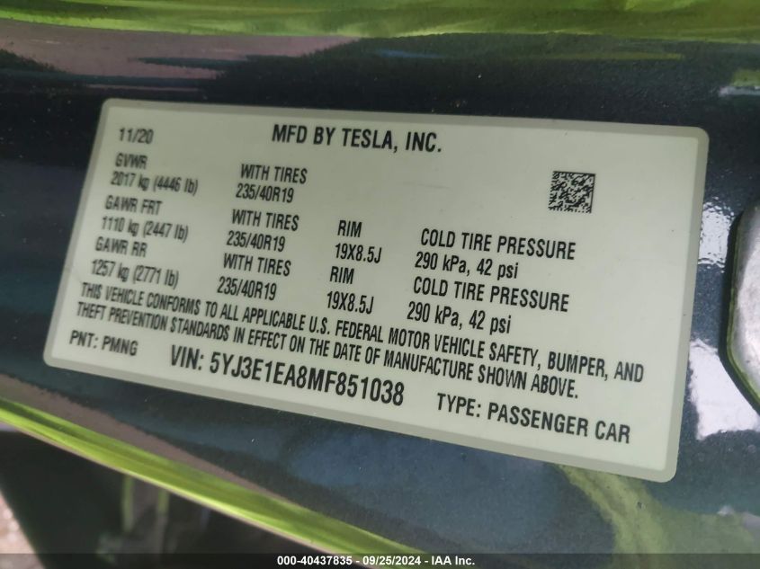 2021 Tesla Model 3 Standard Range Plus Rear-Wheel Drive VIN: 5YJ3E1EA8MF851038 Lot: 40437835