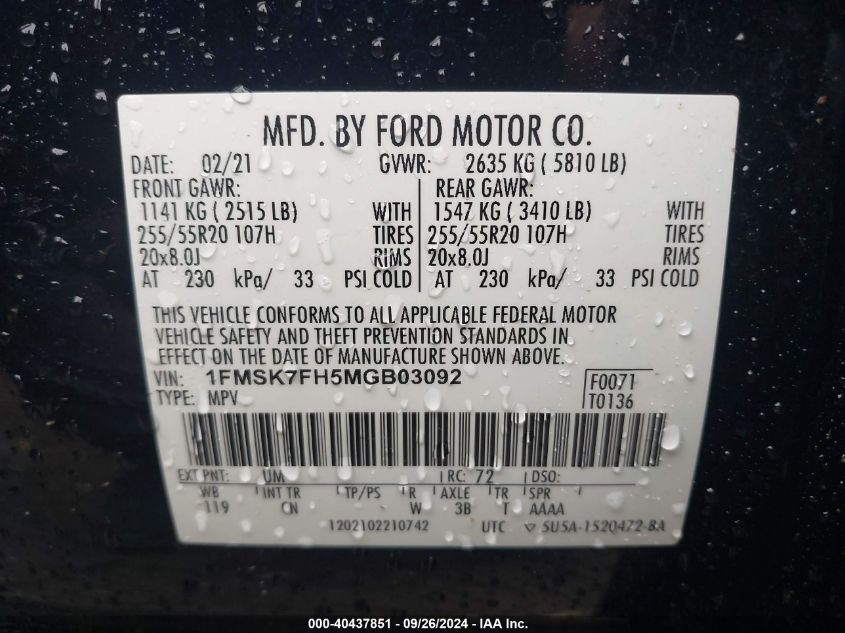 1FMSK7FH5MGB03092 2021 Ford Explorer Limited