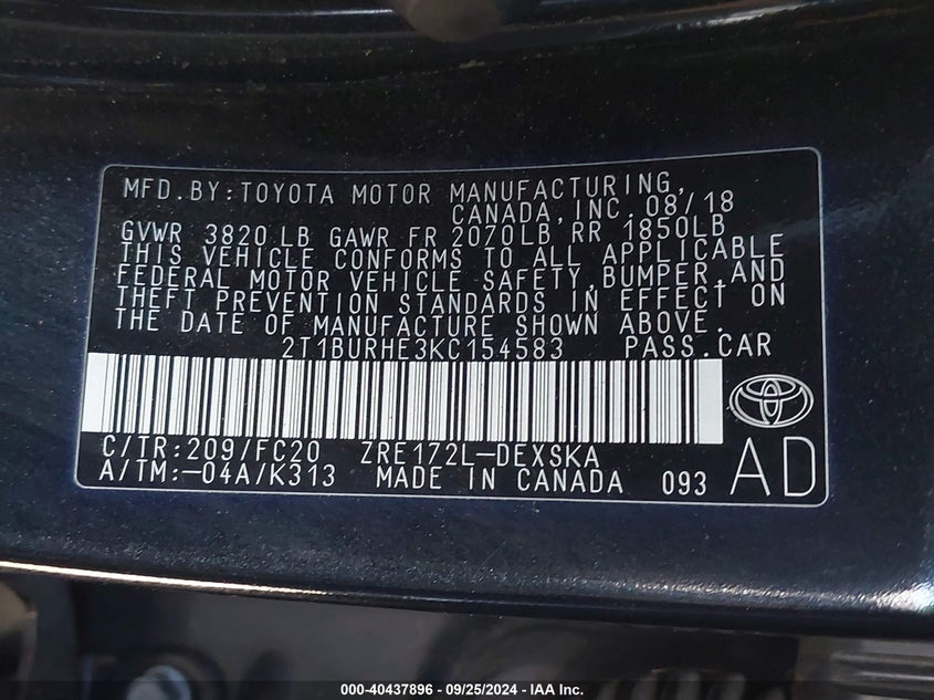 VIN 2T1BURHE3KC154583 2019 TOYOTA COROLLA SE