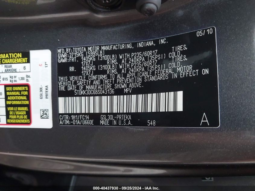 5TDKK3DC6BS043136 2011 Toyota Sienna Le V6