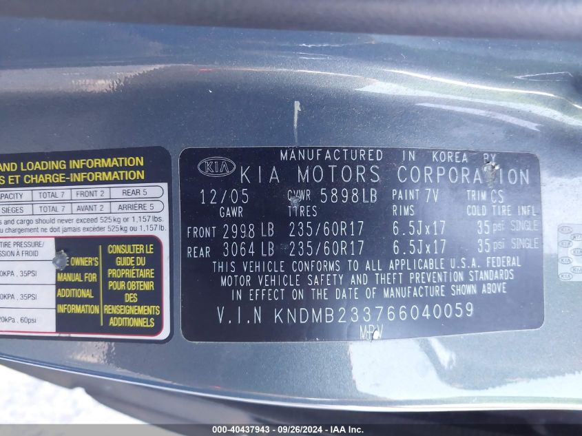 KNDMB233766040059 2006 Kia Sedona Ex/Lx