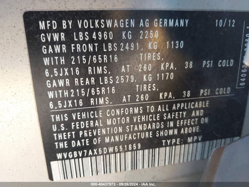 2013 Volkswagen Tiguan S VIN: WVGBV7AX5DW551859 Lot: 40437973