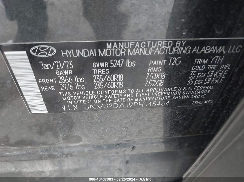 2023 Hyundai Santa Fe Sel VIN: 5NMS2DAJ9PH545464 Lot: 40437983