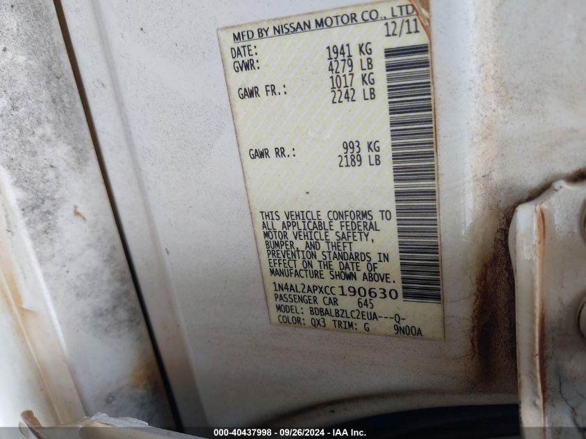 1N4AL2APXCC190630 2012 Nissan Altima 2.5 S