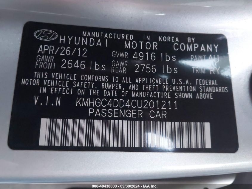 KMHGC4DD4CU201211 2012 Hyundai Genesis 3.8L