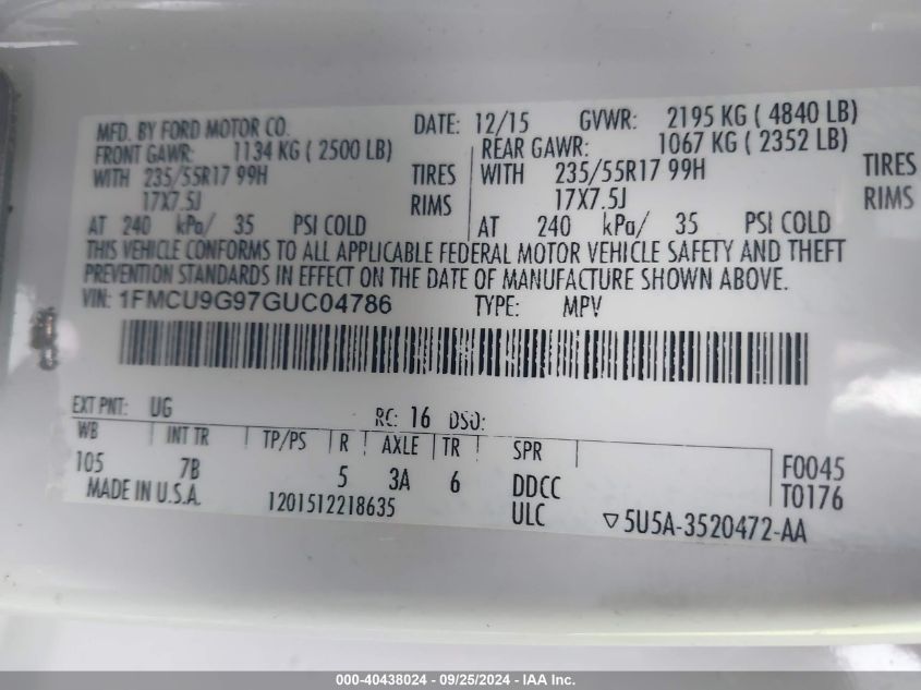 1FMCU9G97GUC04786 2016 Ford Escape Se