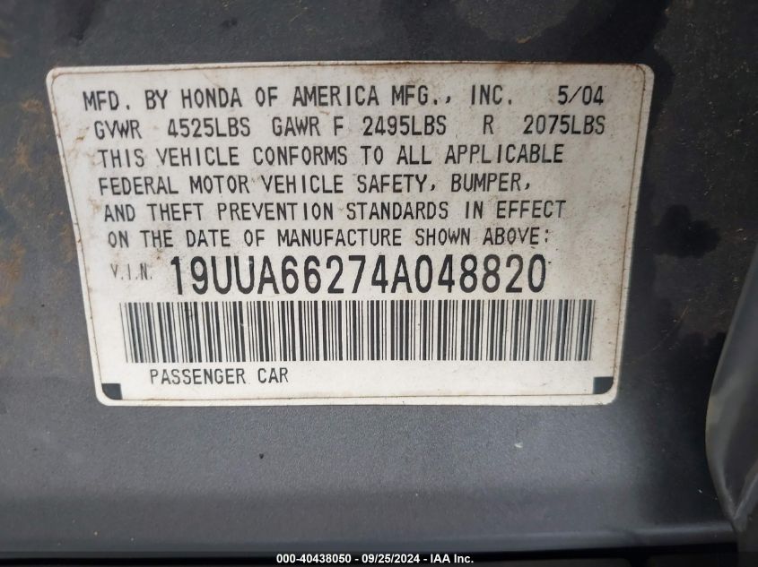 19UUA66274A048820 2004 Acura Tl