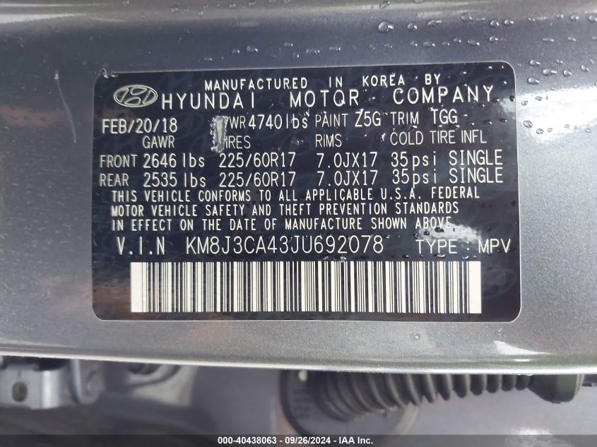 KM8J3CA43JU692078 2018 Hyundai Tucson Sel