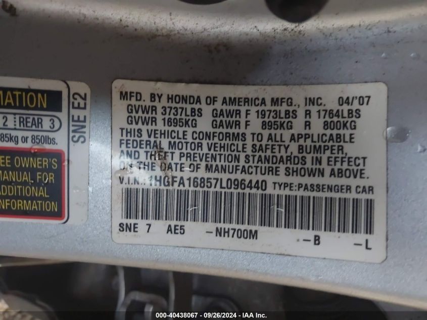1HGFA16857L096440 2007 Honda Civic Ex