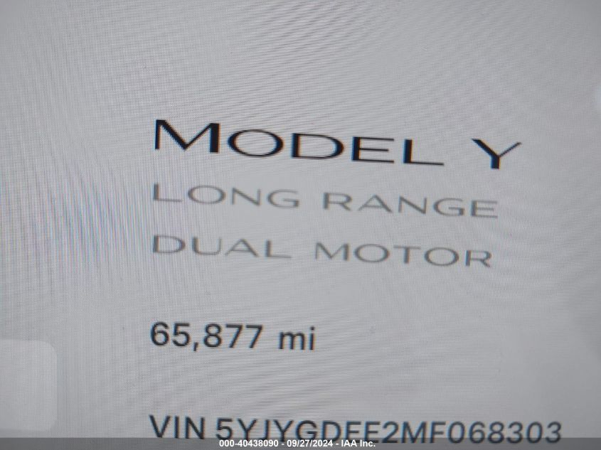 2021 Tesla Model Y Long Range Dual Motor All-Wheel Drive VIN: 5YJYGDEE2MF068303 Lot: 40438090