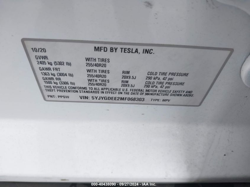 2021 Tesla Model Y Long Range Dual Motor All-Wheel Drive VIN: 5YJYGDEE2MF068303 Lot: 40438090