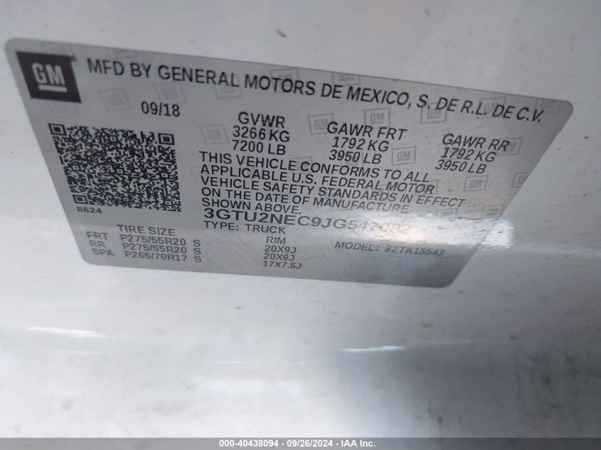 3GTU2NEC9JG547082 2018 GMC Sierra 1500 Slt